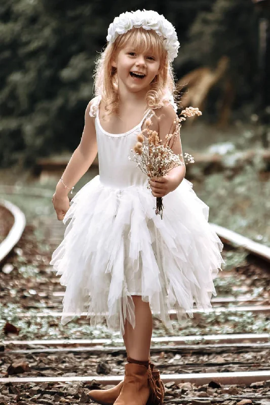 Crazy Savings Asymmetrical Knee Length Tiered White Flower Girl Dress