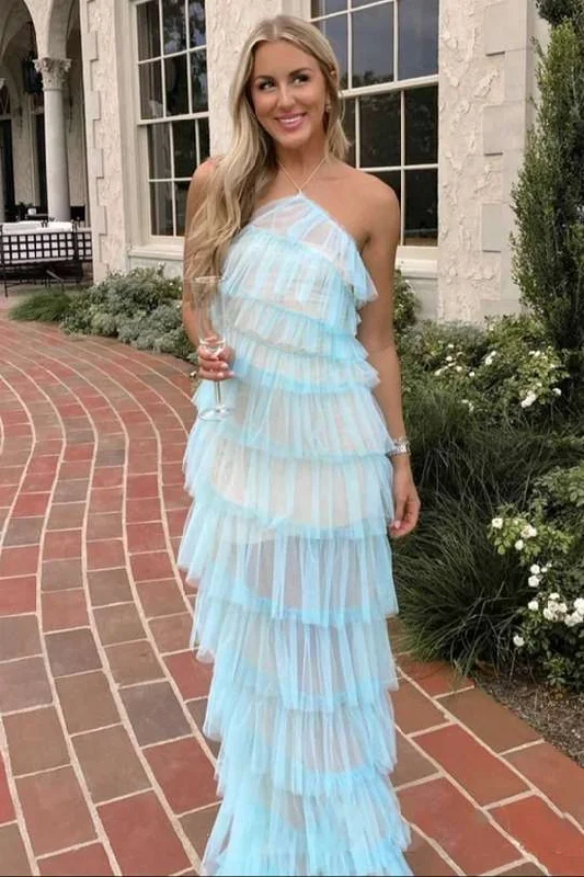 New Deals Halter Straps Spas Blue Layered Maxi Dress with Slit