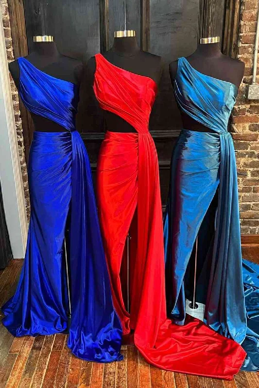 Special Buy Pleated One Shoulder Side Cut-Out Long Prom Dress