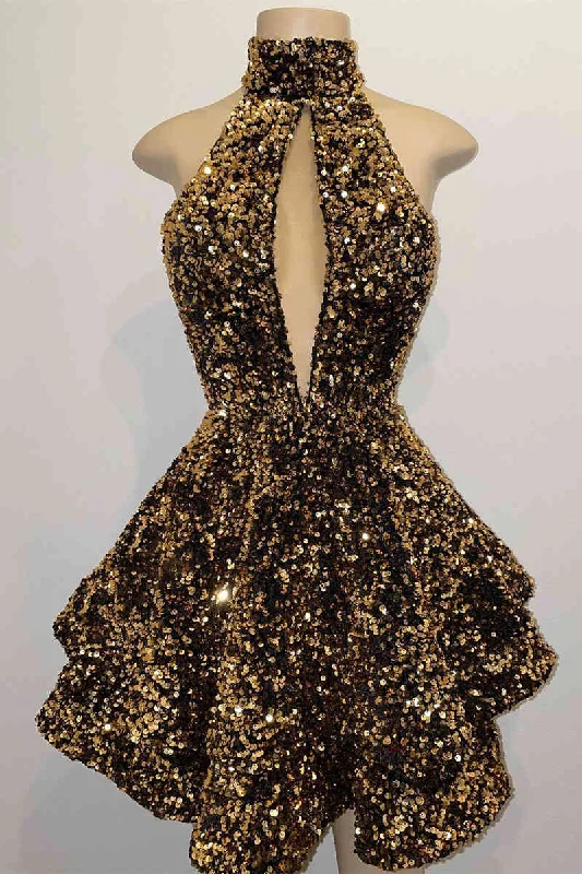 Clearance Items Glitter Halter Gold Sequins A-Line Short Party Dress