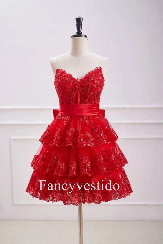 Shop and Save Strapless Red Corset Sequin Ruffle Homecoming Dress with Bow