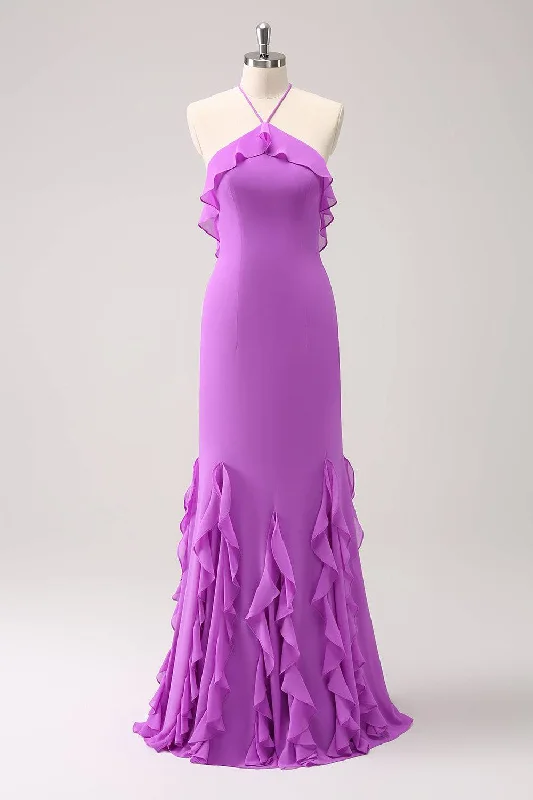 Super Sale Straps Lilac Chiffon Ruffle Maxi Dress