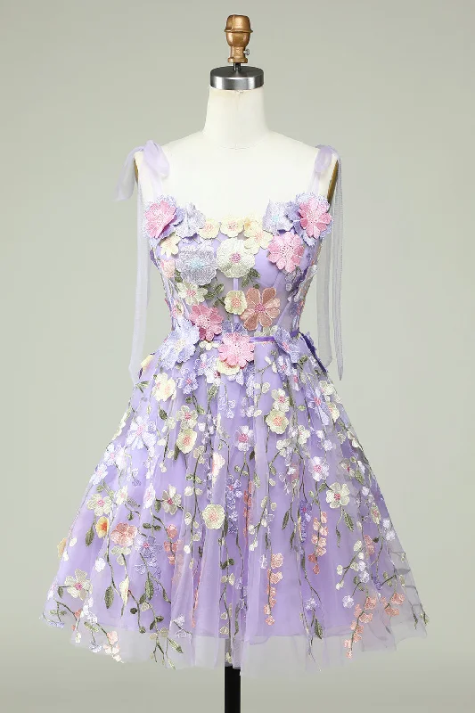 New Deals Tie Straps Lavender Embroidery Floral Short Party Dress