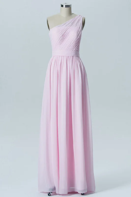 Closeout Chiffon Pink One Shoulder Bridesmaid Dress with Belt