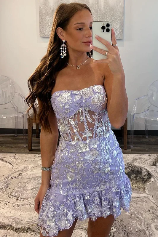 Deal Dash Strapless Lavender Sequin Appliques Short Homecoming Dress with Ruffle Hem