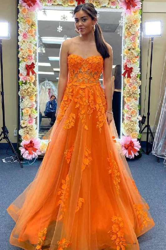 Season Finale Sale Orange Strapless A-Line Prom Dress with Appliques