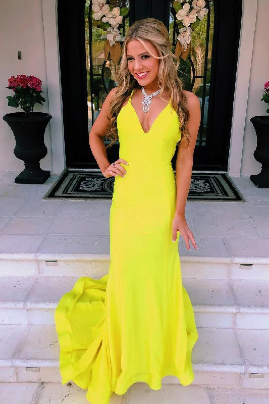 Crazy Deals Mermaid V Neck Long Yellow Prom Dress with Open Back