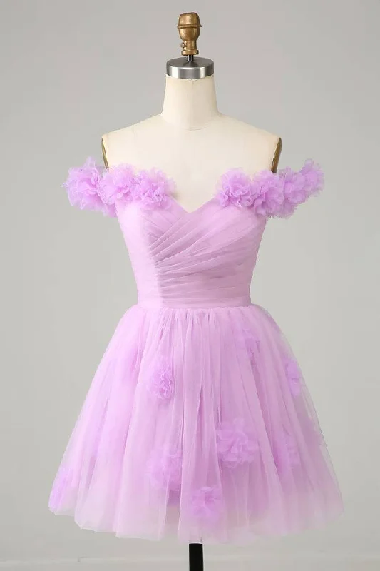 Today's Special Off the Shoulder Lilac 3D Floral Short Party Dress