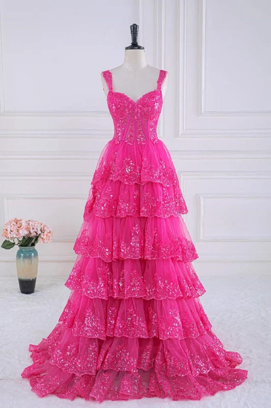 New Markdowns Fuchsia Sweetheart Corset Sequin Layered Ball Gown