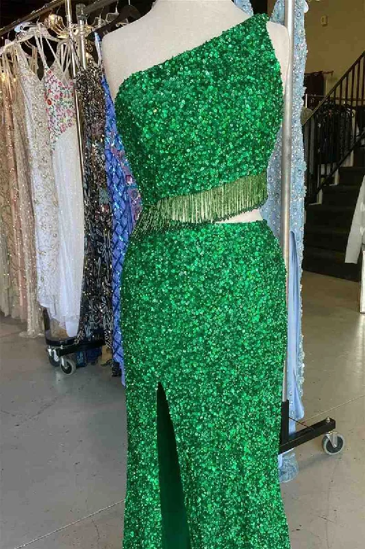 Final Sale Green Two Piece Sequined One Shoulder Long Party Dress with Tassel