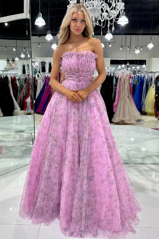 Markdowns Strapless Lilac Floral Print A-Line Long Prom Dress