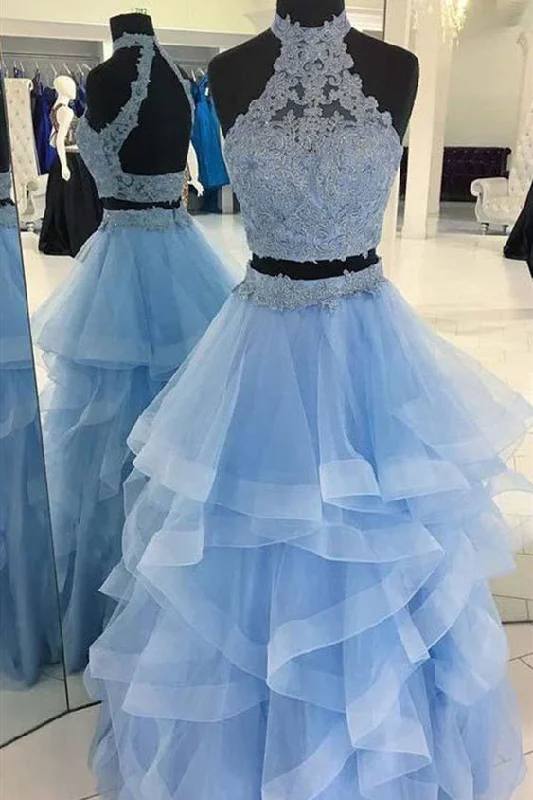 Can't Be Beat Two Piece High Neck Blue Lace and Tulle Prom Dress