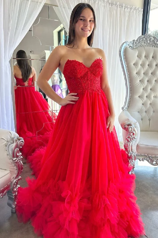 Stock Clearance A-Line Red Sweetheart Corset Ruffle Prom Dress
