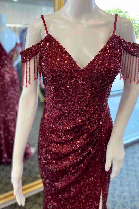 Unmissable Offer Burgundy Sequines Fringe Shoulder Pleated Long Prom