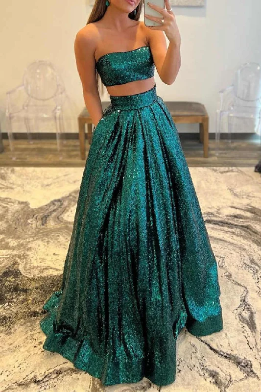 Special Price Emerald Green Sequins Two Piece Prom Dress with Pockets