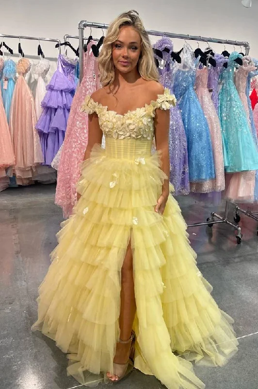 Price Rollback Yellow Off-the-Shoulder Floral Prom Dress with Slit