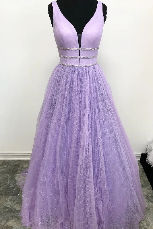 Final Markdown V-Neck Beaded Tulle Lavender Long Prom Dress
