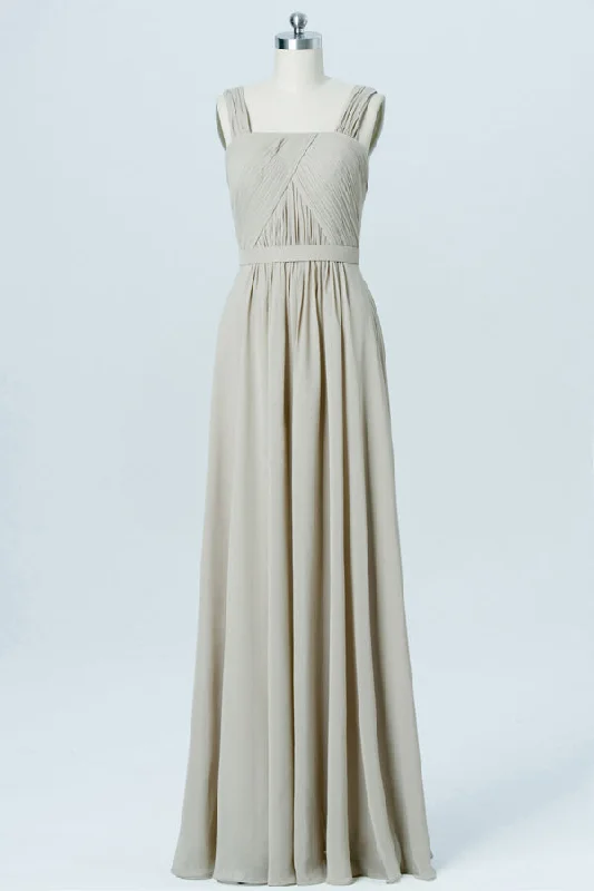 Final Markdown Straps Taupe Square Neck Ruched Bridesmaid Dress
