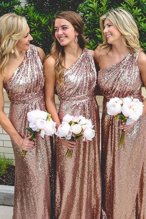 Deal Zone One Shoulder Rose Gold Sequins Long Bridesmaid Dress