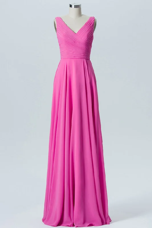 Weekend Flash Sale A-Line Hot Pink V-Neck Long Bridesmaid Dress
