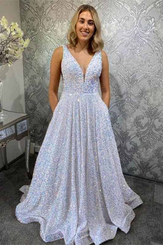 Don’t Miss Out Glitter V-Neck White A-Line Prom Dress with Pockets