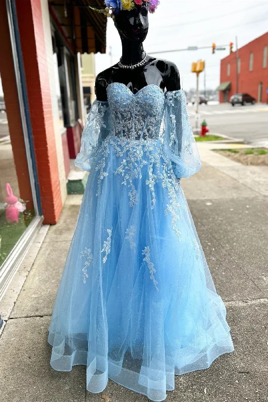 Time-Limited Offer A-line Strapless Puff Long Sleeves Beaded Appliques Long Prom Dress
