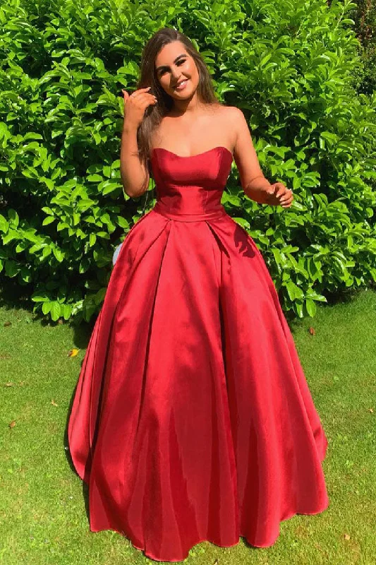 Bonus Savings Simple Empire Strapless Red Satin Long Prom Dress