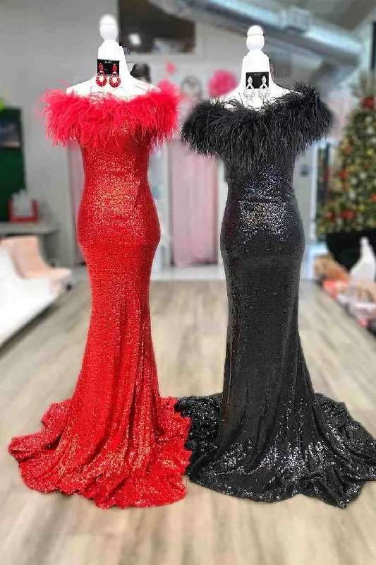 Inventory Reduction Mermaid Strapless Feathers Red Long Party Dress