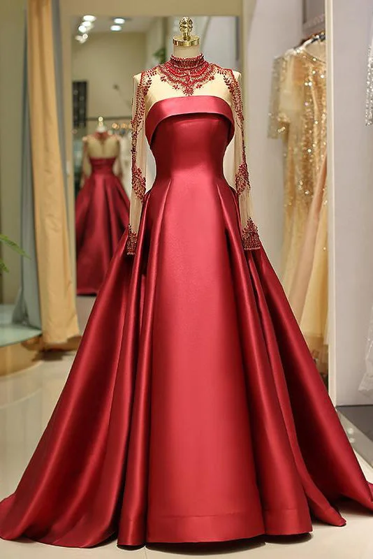 Quick Sale High Neck Red Illusion Sleeves Floor Length Prom Gown
