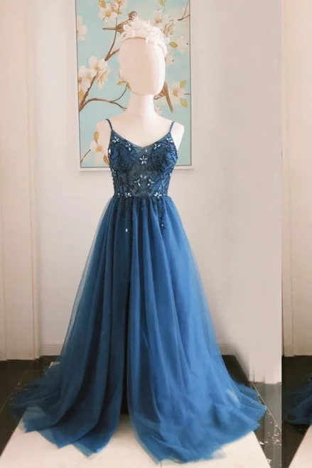 Price Reduction Elegant V-Neck Beaded Navy Blue Long Prom Dress