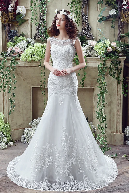 Can't Miss Mermaid V Back Long White Wedding Dress with Appliques