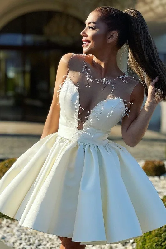Extra Savings A-Line Illusion Neck Ivory Short Homecoming Dress with Beads