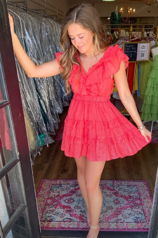 Factory Direct Sale Watermelon V Neck Ruffles Multi-Layers Homecoming Dress