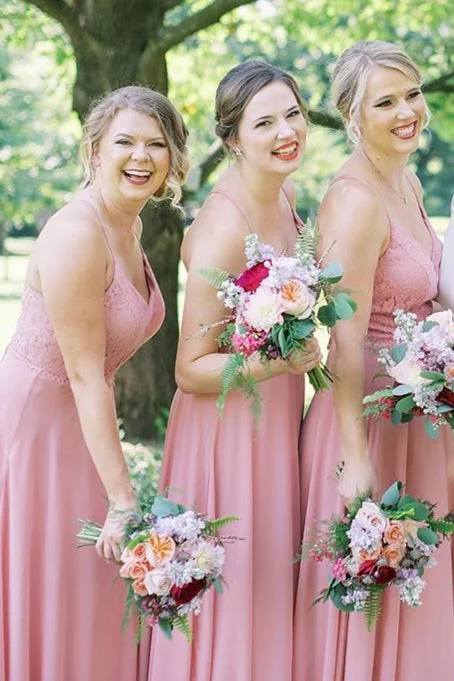 Big Savings A-line Lace-Up Back Long Pink Chiffon Bridesmaid Dress
