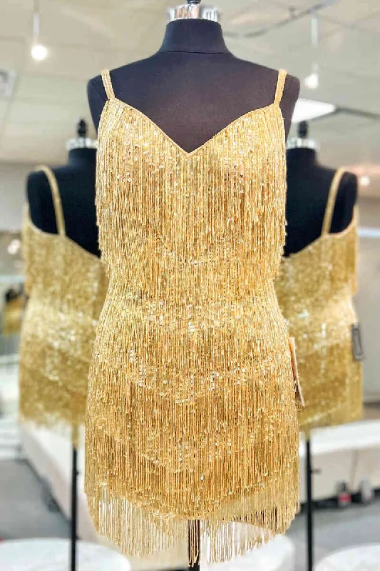 Price Blitz Fringe Bodice Gold Mini Homecoming Dress