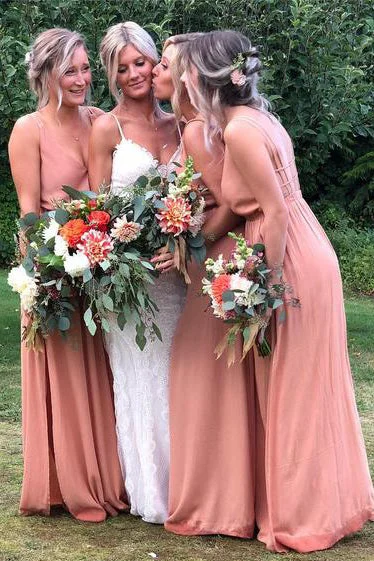 Fantastic Offers Straps Blush Pink Chiffon Floor Length Bridesmaid Dress with Slit