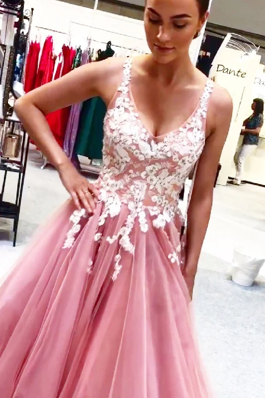 Price Cut Princess A Line Pink Lace Appliqued Prom Dress