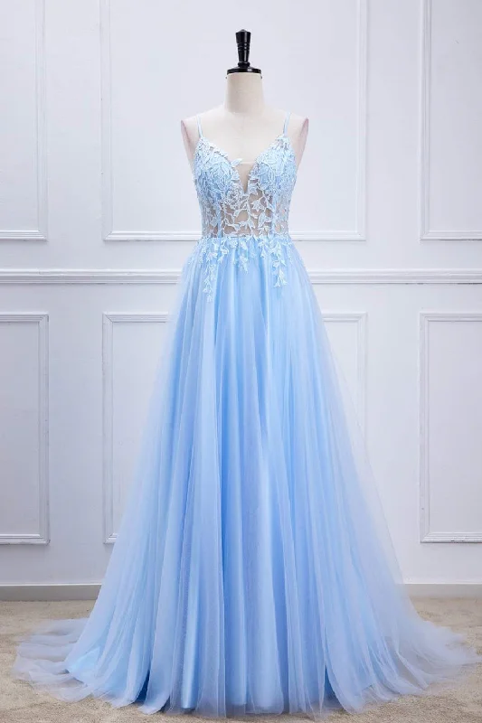 Unbeatable Prices Lace-Up Light Blue Sheer Corset A-Line Formal Dress