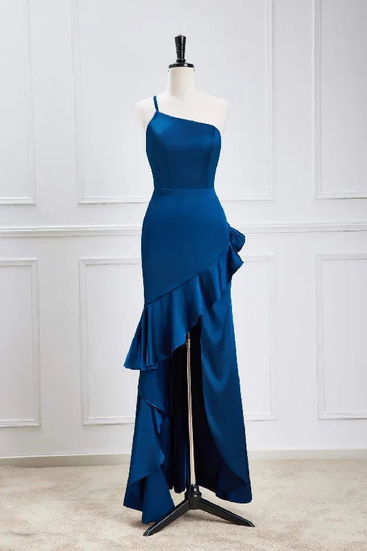 Huge Discounts Blue One Shoulder Ruffle Satin Mermaid Maxi Dress