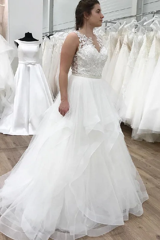 Can't Be Beat Long Ruffles A-line V-Neck White Wedding Dress with Lace