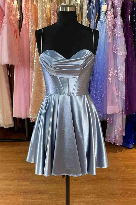 Savings Galore Straps Grey Pleated Lace-Up A-Line Short Party Dress