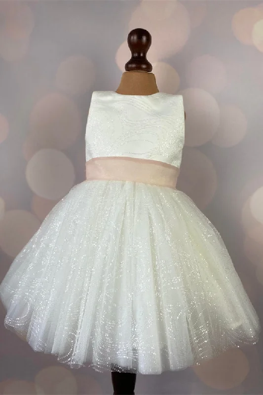 Special Price Glitter Ivory Girl Party Dress with Blush Belt