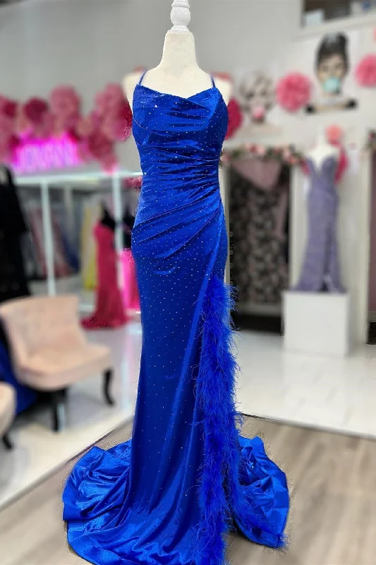 Discount Deals Royal Blue Cowl Neck Rhinestones Long Prom Dress with Feather-Trimmed Slit