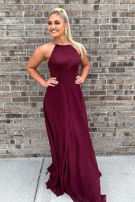 Don't Wait A-Line Burgundy Long Bridesmaid Dress with Tie Back