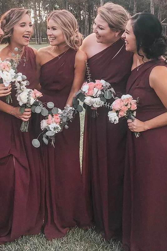 Crazy Deals One Shoulder Burgundy Chiffon Long Bridesmaid Dress