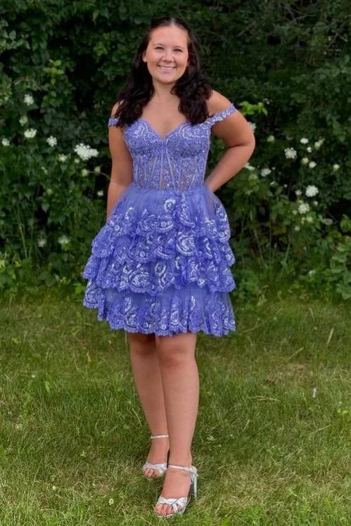 Exclusive Preview Lace Applique Ruffle Homecoming Dress Off the Shoulder