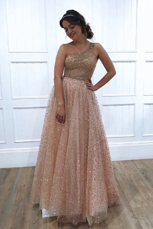 Value Deals Glitter One Shoulder Princess Champagne Long Prom Dress