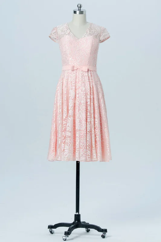 Big Savings Short Sand Pink V-Neck Tulle Bridesmaid Dress