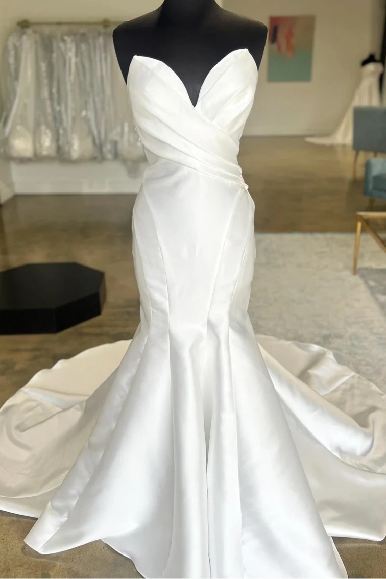 Super Deal Strapless Pleated Satin Mermaid Wedding Dress