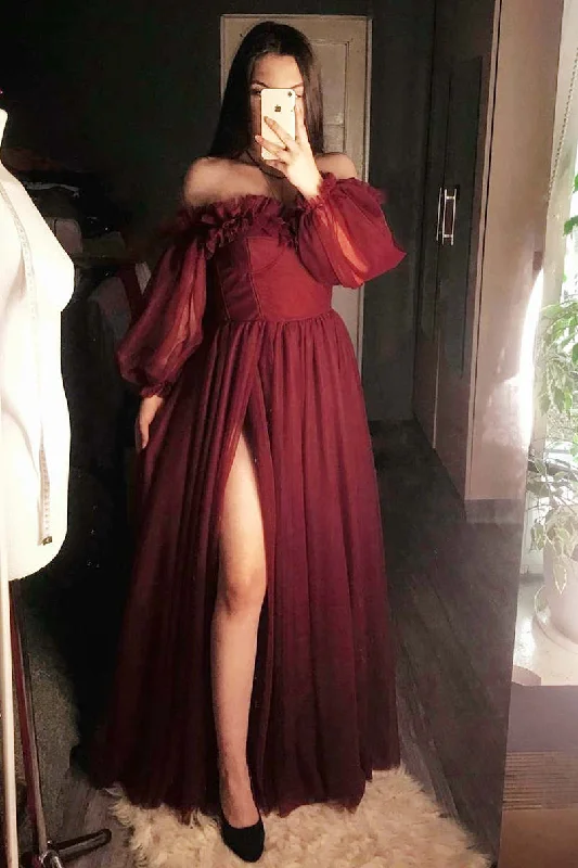 Buy Now Princess Off the Shoulder Burgundy Tulle Formal Dress